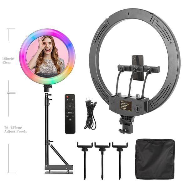 18-tums RGB-ringljus, justerbar ljusstyrka, flera färgtemperaturalternativ,135 cm stativ