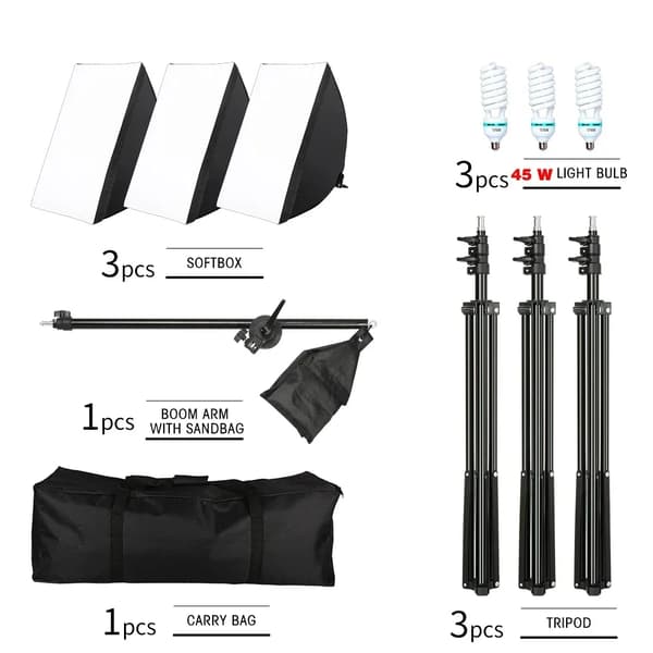 Fotografi Softbox Belysningskit, 3 Softboxar, Justerbara Ljusstativ,3st 45W Lampa
