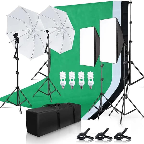 Andoer Studio Valokuvausvalosetti, 45W LED-lamppuja, 50x70cm Softbox,musta