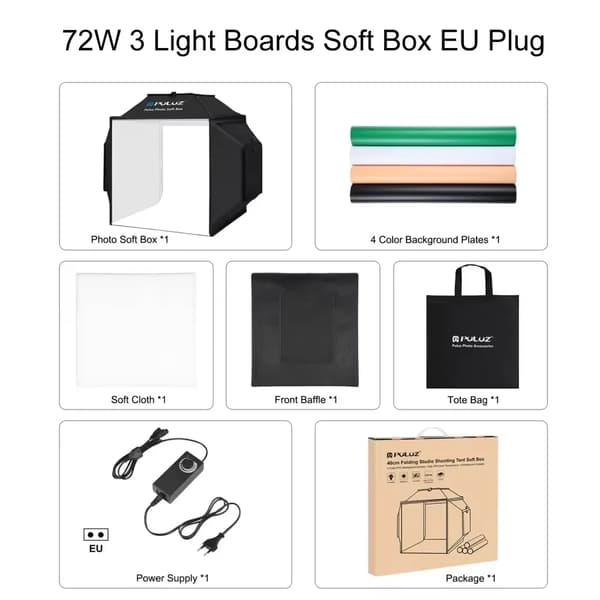 Fotostudio Låda med Ljus, 4 Färger Bakgrunder, 72W Effekt, Snabb Montering,40CM EU Kontakt