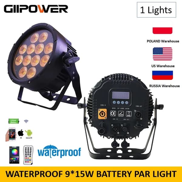 Vandtæt LED Par Lys, 9x15W RGBWA + UV, IP66 Beskyttelse,1 Lys