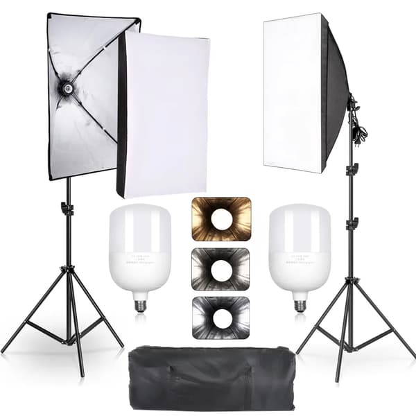 Softbox Belysningskit, 50x70cm Størrelse, 2M Lysstativ Højde,135W 3-farvet pære