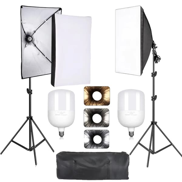 Softbox Belysningskit, 50x70cm Størrelse, 2M Lysstativ Højde,135W 3-farvet pære