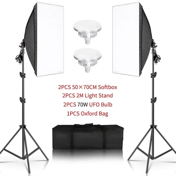 Softbox-belysningskit, 50x70 cm storlek, 2 m ljusstativhöjd,70W UFO-lampa