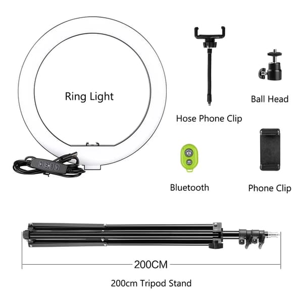 LED-ringlampa, 10-tums diameter, justerbart stativ, 200cm stativ