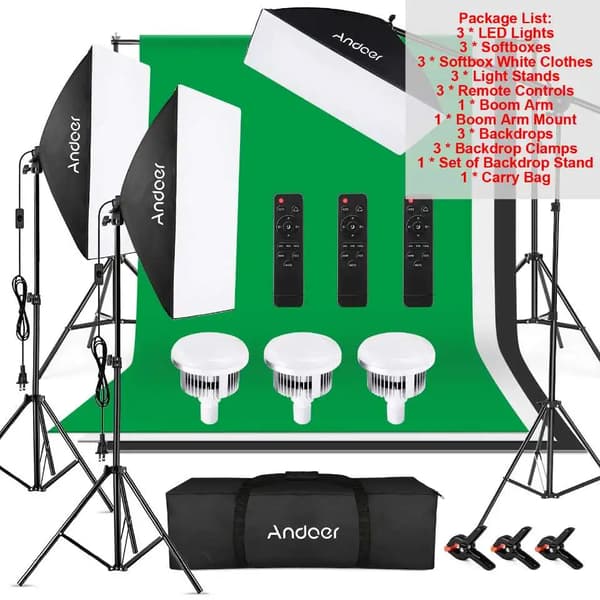 Andoer Fotograferingslys Kit, 85W LED, 2800K-5700K Justerbar Farvetemperatur,Fotoudstyr, EU