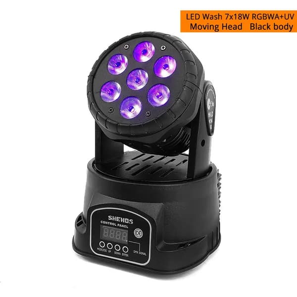 LED-rörligt huvudljus, tvätt-effekt, RGBWA+UV, LED Wash 7X18W 6IN1, EU-kontakt