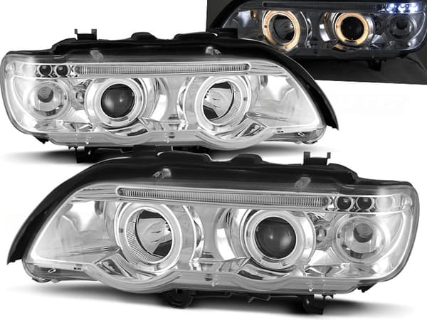 Framlyktor dubbel halo-design BMW X5 E53 09 99-10 03 ANGEL EYES KROM