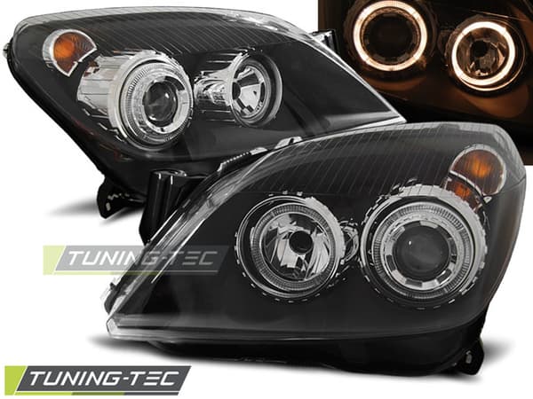 Forlygter med dobbelt halo-kant OPEL ASTRA H 03 04-09 ANGEL EYES SORT