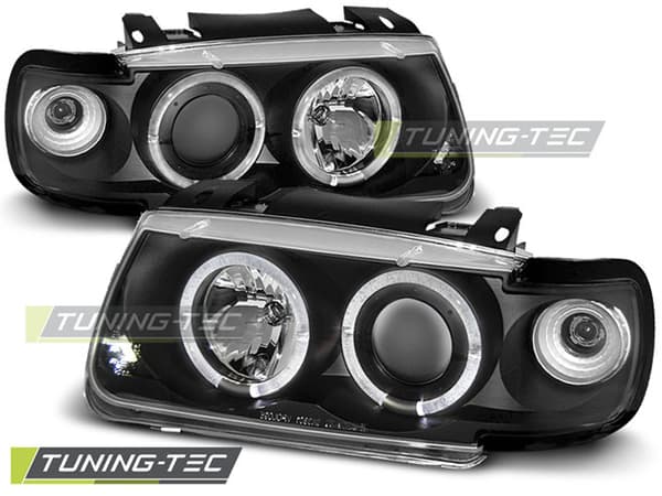 Framlyktor dubbla halo-rimmar VW POLO 6N 10 94-09 99 HATCHBACK ANGEL EYES SVART