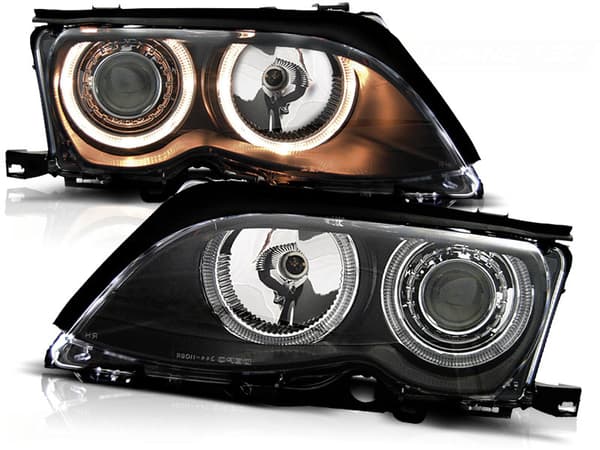 Framlyktor med dubbla halo-rimmar BMW E46 09 01-03 05 ANGEL EYES SVART