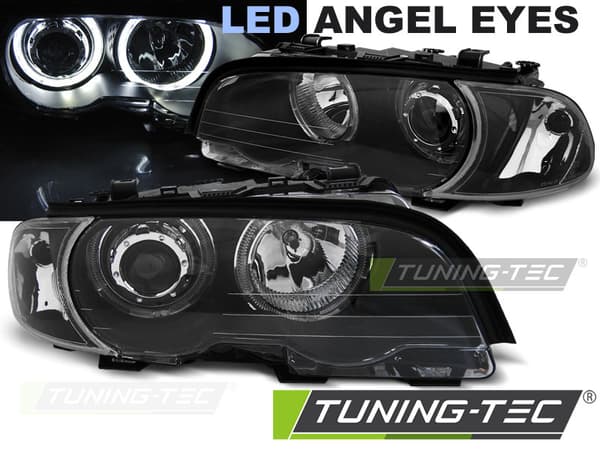Forlygter dobbelt halo fælge BMW E46 04 99-03 03 COUPE CONVERTIBLE ANGEL EYES LED SORT