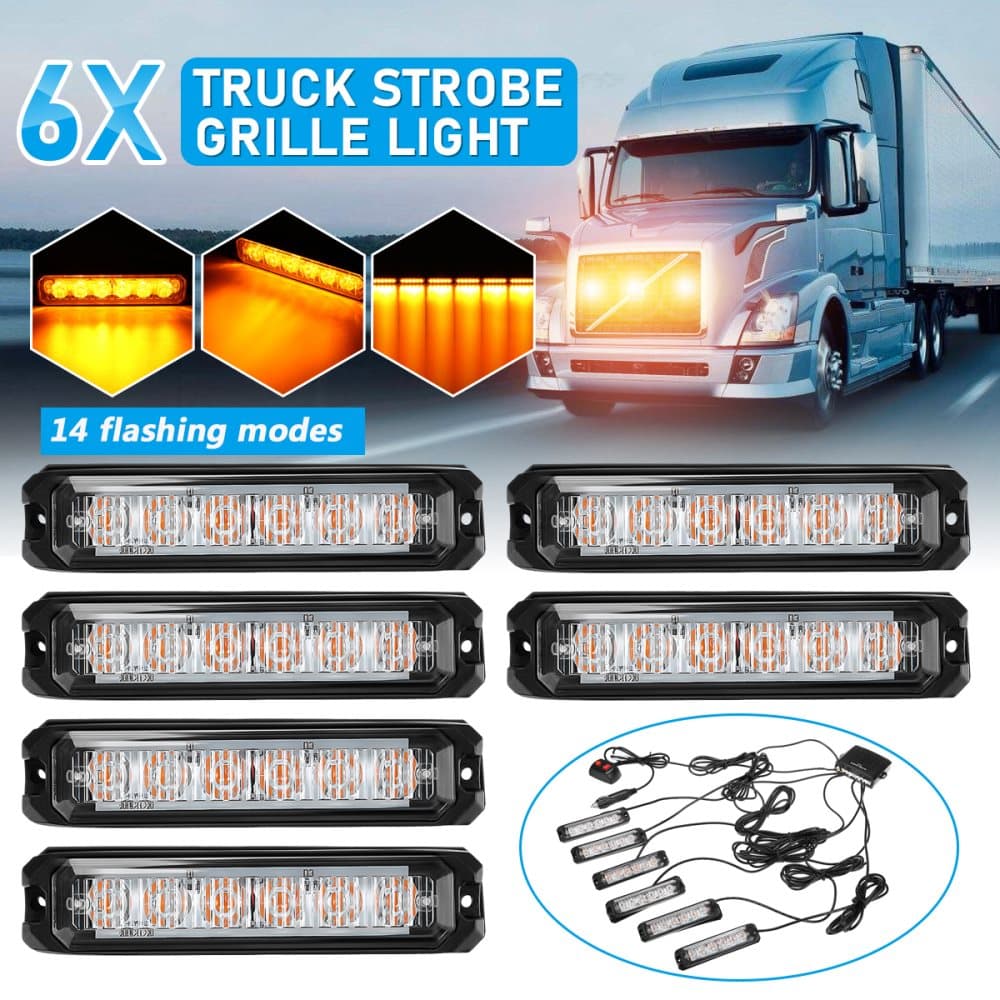 6 I 1 bärnstensfärgad 6-LED-blixtblinkande gallerlampor Lastbilsfyrlampor 12V 24V- 14 blinklägen
