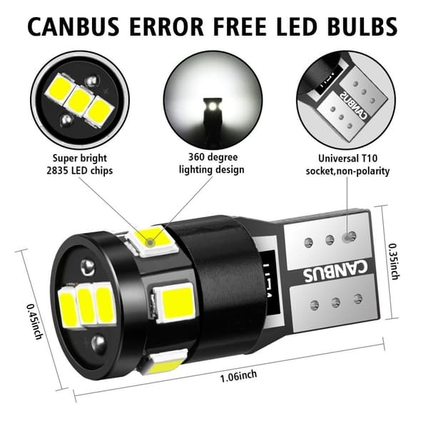 Audew 10st T10 / W5W Bil LED Parkeringsljus Interiörljus 9 * 2835 SMD LED Canbus Felfri 4882K Xenon Vit