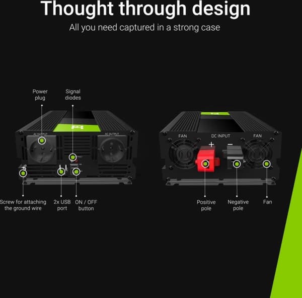 GREEN CELL 24V| Jännite/jännitemuunnin 24 V - 220 V/230 V, 2000 W (jatkuva) puhdas siniaalto