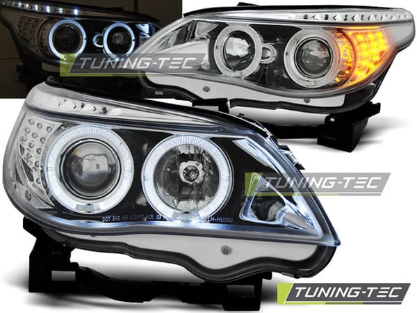 Forlygter dual halo fælge BMW E60/E61 03-07 ANGEL EYES CHROME LED