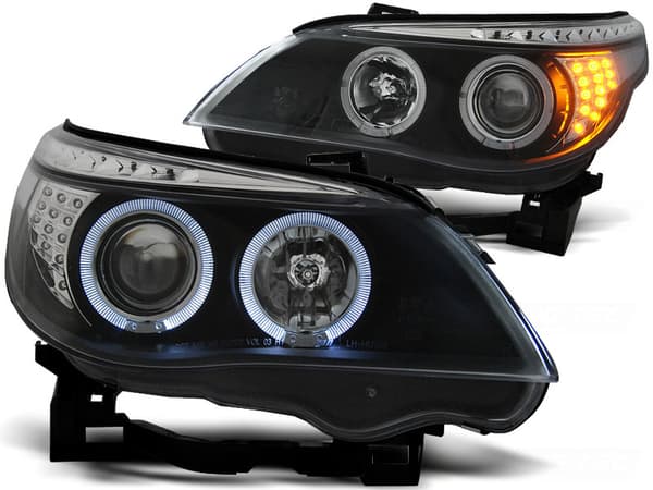 Xenon-ajovalot BMW E60/E61 03-07 kaksinainen halo-rengas ANGEL EYES MUSTA LED-ILMAUSTIMELLA
