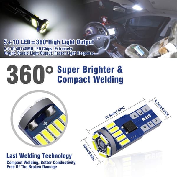 10 stk 4014 SMD T10 W5W LED sidekilemarkeringslys CANBUS fejlfri 12V 6712K, hvid