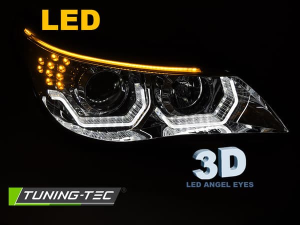 Strålkastare BMW E60 E61 03-07 - 3D LED-änglahelljus - krom