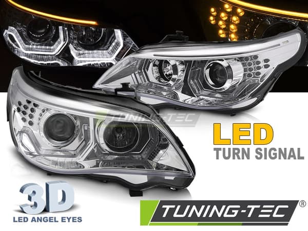 Strålkastare BMW E60 E61 03-07 - 3D LED-änglahelljus - krom