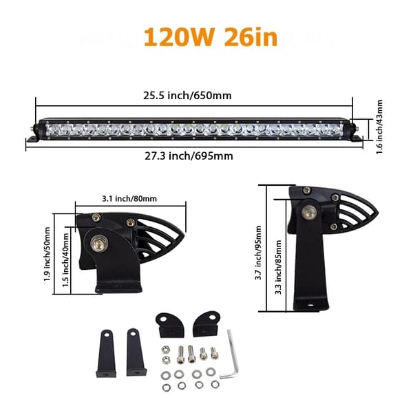 Super Single Row LED Lygtebar, 120W & 180W Muligheder, Vandtæt IP67,26 tommer 120W med ledning
