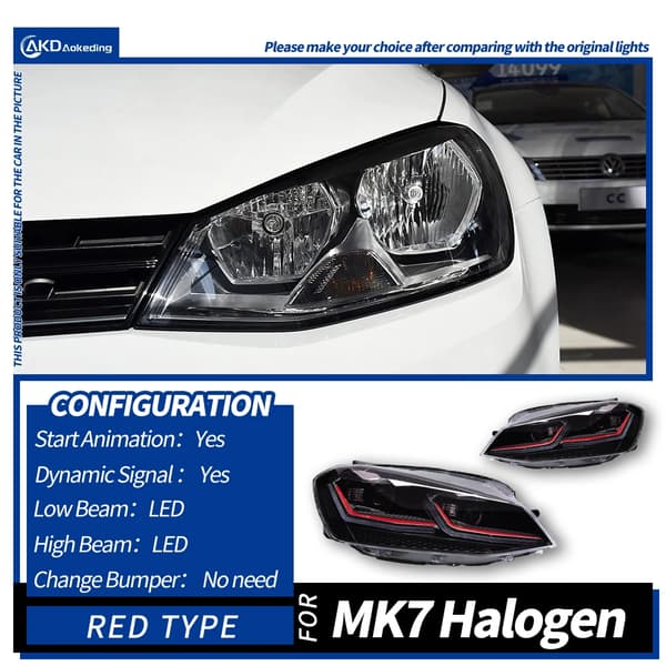 VW Golf 7 LED-forlygter, Dynamisk Signal, Startanimation,Gti Rød Alle LED, Venstrehåndsdrev