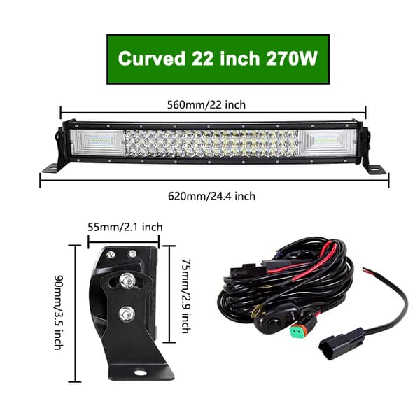 Bøjet LED-lysbar, 6000K farvetemperatur, IP67 vandtæt rating,22 tommer 270W med ledning