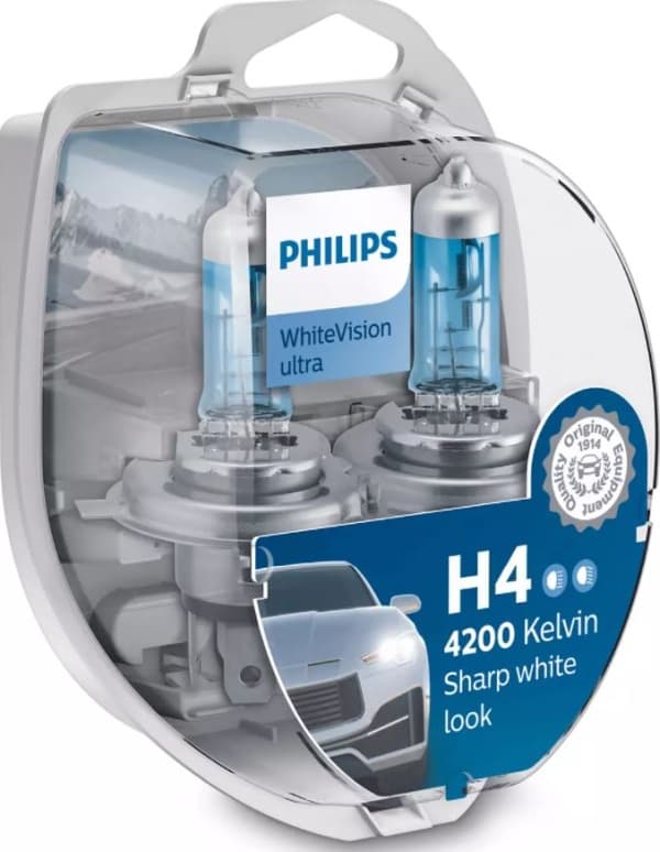 PHILIPS PÆRE H4 12V/60/55W P43T-38 +60 2 STK. + 2 STK. W5W WHITEVISION ULTRA 4200K