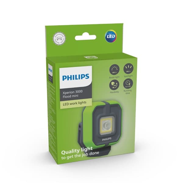 Langaton työpajavalaisin, Flood Mini, Xperion, COB LED -valonlähde, valovirta 200/500lm, teho: 3+5 W, akun kapasiteetti: 2500mAh, Li-Ion, IK08/IP65, U