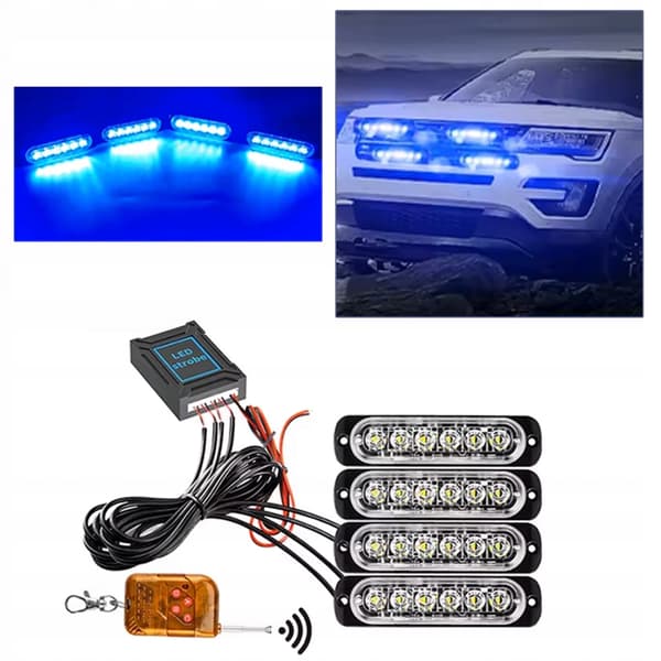 4x LED BLÅ BLINK ADVARSELSLAMPE FJERNBETJENING STROBE PROGRAMMER