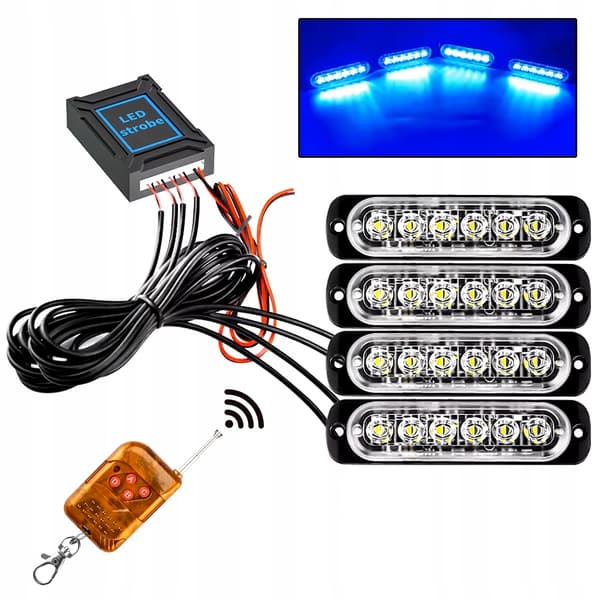 4x LED BLÅ BLINK ADVARSELSLAMPE FJERNBETJENING STROBE PROGRAMMER