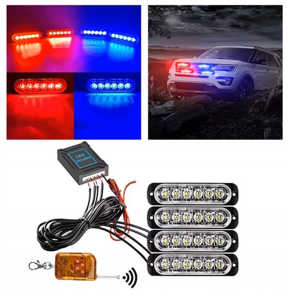 4x LED PUNAINEN SININEN VILKKUVAA VAROITUSVALO KAUKOSÄÄDIN 6 SMD-OHJELMAA