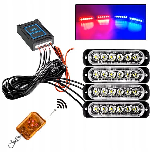 4x LED PUNAINEN SININEN VILKKUVAA VAROITUSVALO KAUKOSÄÄDIN 6 SMD-OHJELMAA