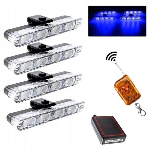 4x LED BLÅ BLINK ADVARSELSLAMPE FJERNBETJENING STROBE I KOFANGEREN