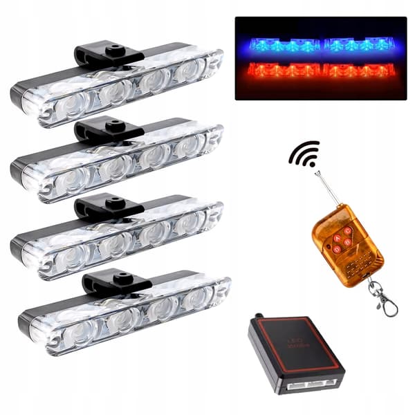 4x LED-LAMPA BLÅ RÖD BLIXT VARNING FJÄRRKONTROLL 4xSMD I STÖTFÅNGARE