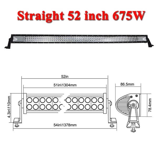 LED Ljuslist, 270W till 675W Effekt, Tredubbel Rad Design,52 tum ingen tråd