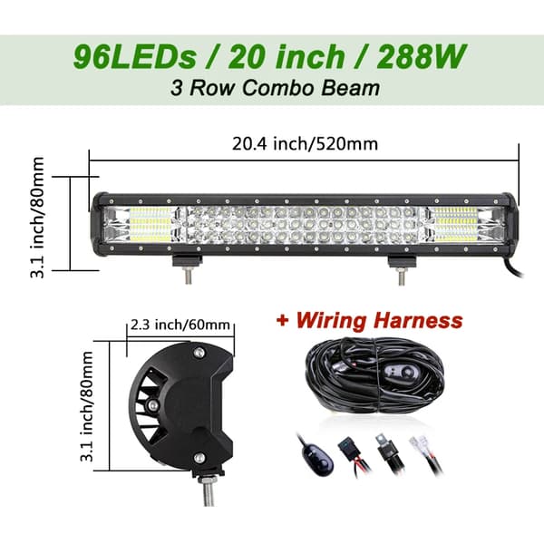 LED Work Light Bar, Combo Beam Design, kestävä rakenne,7D 20in johdolla