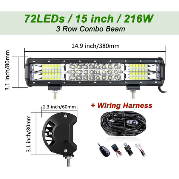 LED Work Light Bar, Combo Beam Design, Hållbar konstruktion,7D 15in med tråd