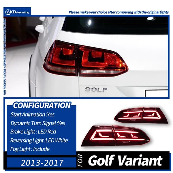 Billygter, LED Rødt Bremselys, Dynamisk Blinklys, Startanimation,Til Golf 7 Variant
