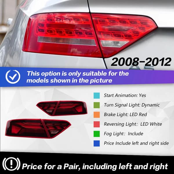 Audi A5 Bakljus, Dynamisk Blinkersljus, LED Röd Backljus,08-12