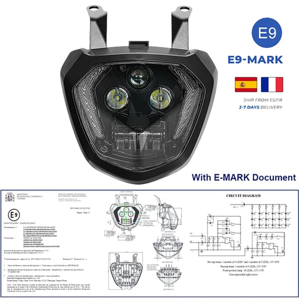 Motorcykelstrålkastare, 110W effekt, DRL + HI/LO STRÅLKASTARE + Blinkers, svart inre ram,Typ A