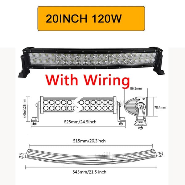 Bøjet LED Lysbar, 120W til 300W Muligheder, Kombineret Strålemønster,120W med ledning