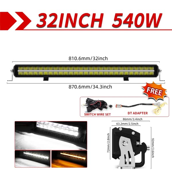 LED-ljusramp, 3500K / 6500K färgtemperatur, IP68 skyddsklass, dubbelradig design,32tum med DT-tråd