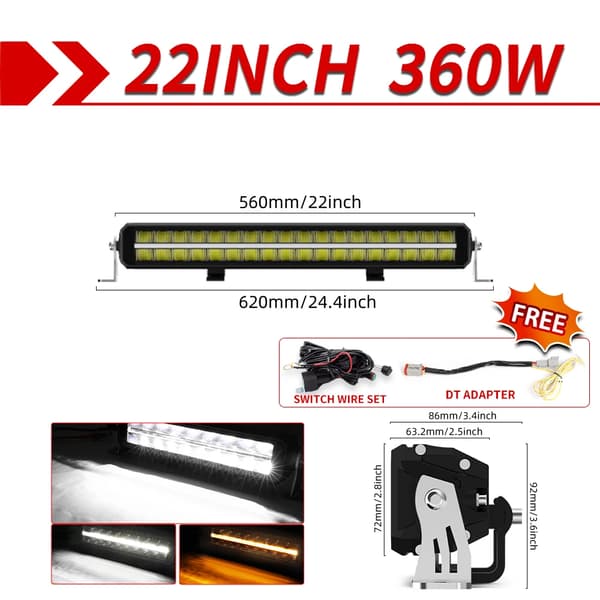 LED-ljusramp, 3500K / 6500K färgtemperatur, IP68 skyddsklass, dubbelradig design,22tum med DT-tråd