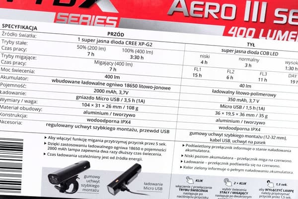 PROX AERO Valosarja Etu 400Lm + Taka 30Lm USB