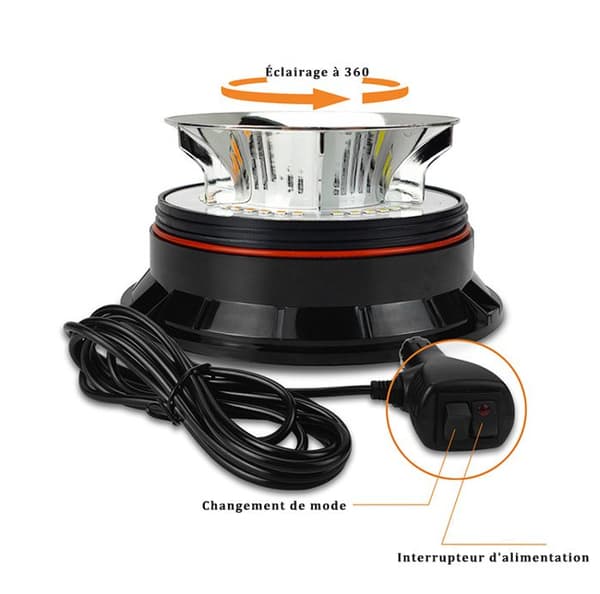 Gyrophare LED - Girophare Led Fordon - 10-30V, med 3m Kabel Cigaretter, Magnetisk, 19 Blinklägen - För golf UTV Bil Buss