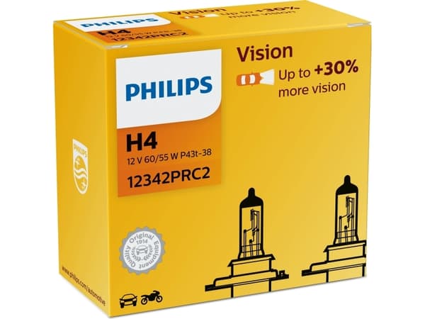 Philips Vision 12342PRC2 Bedre sikt, 60 W, 12 V, H4, Halogen, 2 stykker