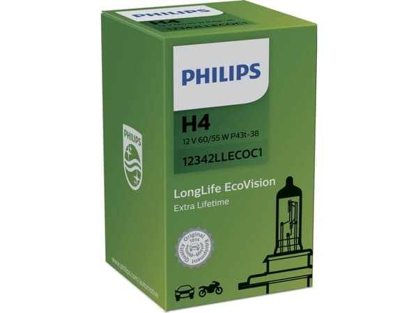 Philips LongLife EcoVision 12342LLECOC1 Lengre levetid, 60 W, 12 V, H4, 3100 K, 1 stykker