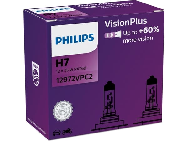 Philips VisionPlus 12972VPC2 Bedre sikkerhet og komfort, 55 W, 12 V, H7, Halogen, 2 stykker