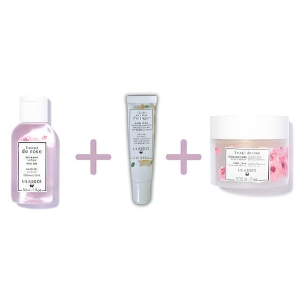 Lilaroze Paris Pack Gel för händer Rengörande Rosextrakt + Läppbalsam Blomextrakt av apelsinblomma Sheasmör + Kroppexfoliering E
